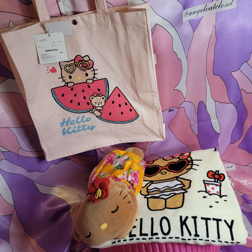 Tan Hello Kitty Plush Lot 2005 Sleeping Towel Tote Sanrio Japan Rare Purse Bag